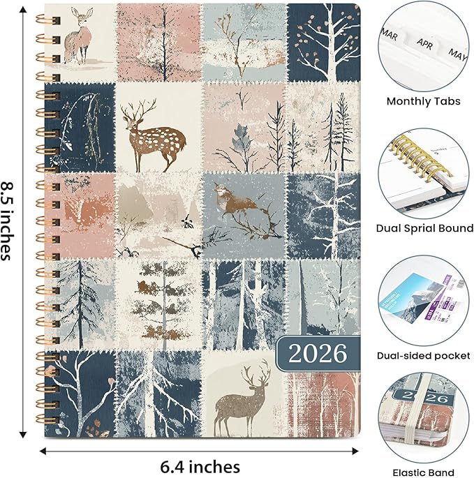 2026 Planner, Weekly and Monthly Calendar Planner Book, January 2026 - December 2026, Hardcover Spiral Planner with Monthly Tabs, Notes Pages, Perfect for Women & Men, A5 (6.4" x 8.5") - Deer
