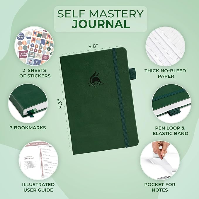 Clever Fox Self Mastery Journal – Guided Daily Reflection & Self Improvement Journal with Prompts – Journaling Notebook for Women & Men (Forest Green)