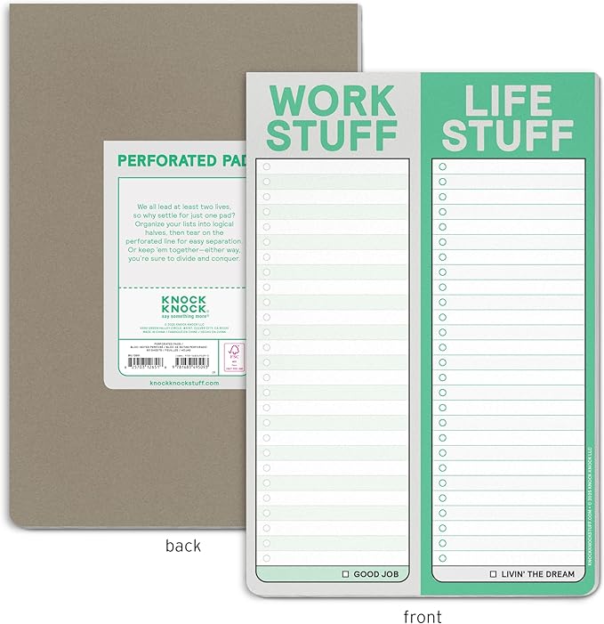 Knock Knock 1-Count Work Stuff Life Stuff Perforated Note Pad, To Do List Planner for Work & Daily Life, 60 Perforated Sheets, 6 x 9-Inches Each