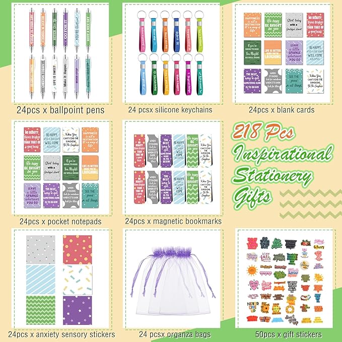Pasimy 218 Pcs Inspirational Stationery Gifts Motivational Mini Notepad Pen Quote Bookmarks Stress Relief Stickers Inspiring Silicone Keychains for Home Office Appreciation Gift(Stylish)