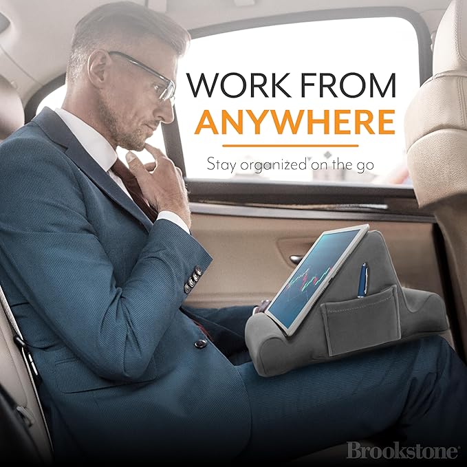 Brookstone Tablet Lap Cushion - Tablet and Phone Holder for Bed, Flights, and Travel, Two Angled Memory Foam Lap Desk for Reading and Hands Free Viewing, Compatible iPad and Kindle Accessories, Grey