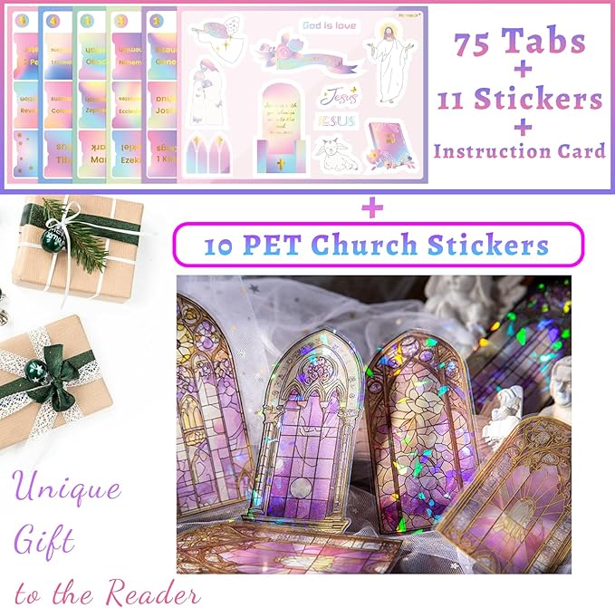 Bible Tabs with Unique Stickers, Laminated Bible Tabs for Women & Men, Christian Gifts, Large Print Bible Tabs for Easy Navigation, Bible Book Index Tabs Labels, Bible Study Supplies, Rainbow3 TZ1