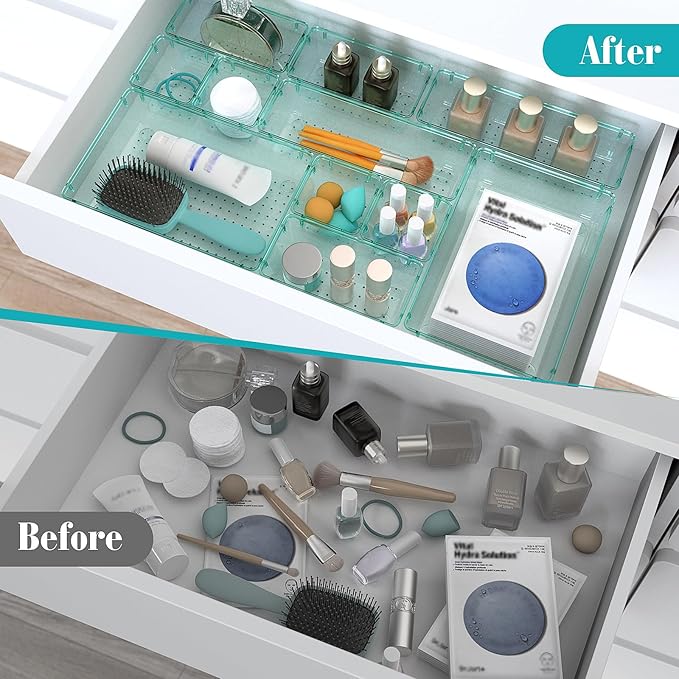 28 PCS Clear Plastic Drawer Organizers Set, 4 Size Desk Drawer Organizer Trays for Makeup, Jewelry, Kitchen Utensils, Gadgets and Office Accessories, Sea Blue