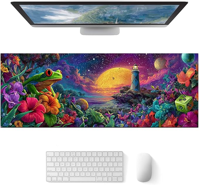 Large Mouse Pad Gaming Mousepad 31.5 x 11.8 Inch Keyboard Desktop Mat Diatomite XL Mouse Pad for Home and Office Desk Accessories with Fantasy Cosmic Frog Lighthouse Artwork Diatomite