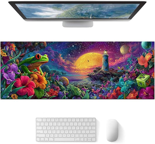 Large Mouse Pad Gaming Mousepad 31.5 x 11.8 Inch Keyboard Desktop Mat Diatomite XL Mouse Pad for Home and Office Desk Accessories with Fantasy Cosmic Frog Lighthouse Artwork Diatomite