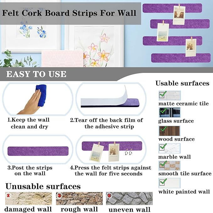 8Pcs Bulletin Board Strips, Purple Felt Pin Board Bar Strips with 50 Pushpins, Self-Adhesive Felt Cork Board Strips for Wall to Display Your Notes, Photos, Schedules, Announcements