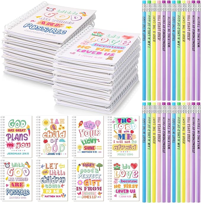 Crtiin Easter 48 Pcs Include 24 Bible Verse Notepad 24 Pencils Kids Christian Church Gifts Students Classroom Award Religious Notebook Bible Pencils Prayer Pocket School(White Jesus 2,White)