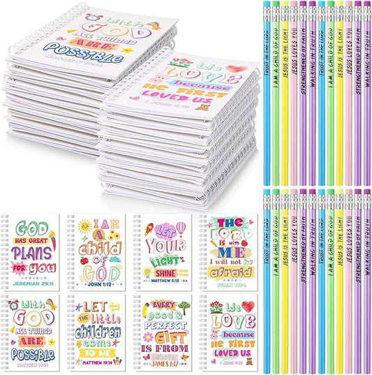 Crtiin Easter 48 Pcs Include 24 Bible Verse Notepad 24 Pencils Kids Christian Church Gifts Students Classroom Award Religious Notebook Bible Pencils Prayer Pocket School(White Jesus 2,White)