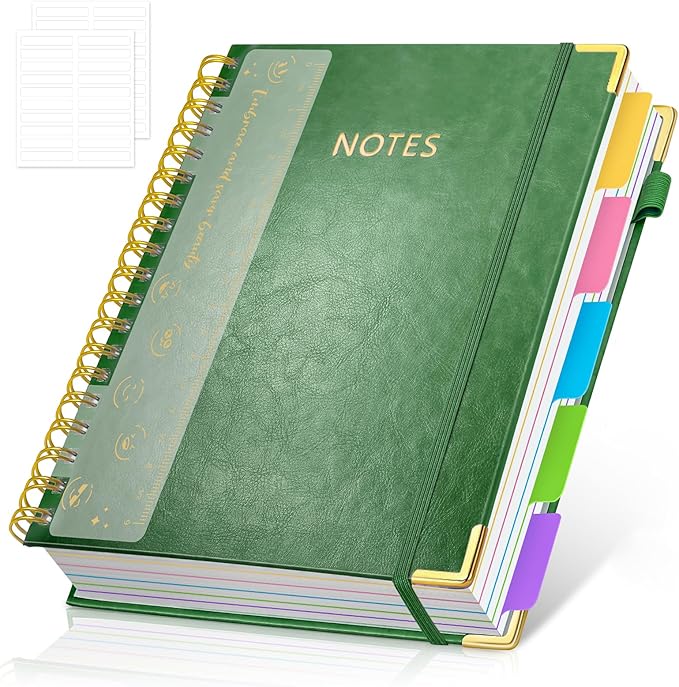 Hardcover Spiral Notebook Journal with Removable PVC Dividers - 8'' x 10'' Large 300 Pages B5 Hardcover Leather Lined Journals Notebook with Tab for Work Note Taking Office Home School Supplies, Green