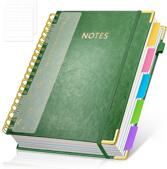 Hardcover Spiral Notebook Journal with Removable PVC Dividers - 8'' x 10'' Large 300 Pages B5 Hardcover Leather Lined Journals Notebook with Tab for Work Note Taking Office Home School Supplies, Green