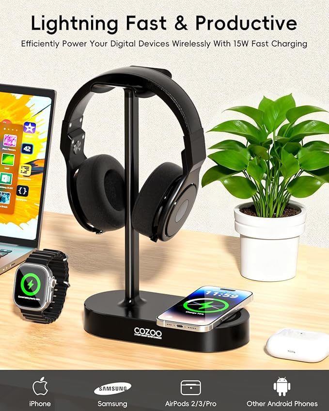 COZOO Headphone Stand with Fast Wireless Charging Pad and 2 USB Charging Ports, Suitable for Gaming, DJ, Wireless Earphone Accessories