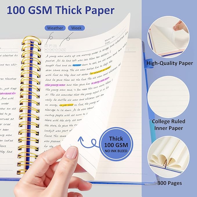 Hardcover Spiral Notebook Journal with Removable PVC Dividers - 8'' x 10'' Large 300 Pages B5 Hardcover Leather Lined Journals Notebook with Tab for Work Note Taking Office Home School Supplies, Blue