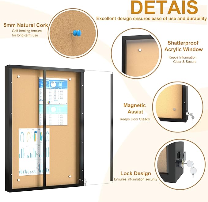 24"X36" Enclosed Bulletin Board, IP65 Waterproof Cork Notice Board Outdoor UV-Resistant, Lockable Bulletin Board for Office, School, Restaurants