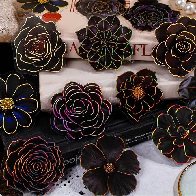 120 Pieces Gothic PET Stickers for Journaling Adults, Black Rose Flowers with Gold Foil Edges, Floral Sticker for Scrapbooking, Junk Journal, Bujo, Collage, Planners, Card Making