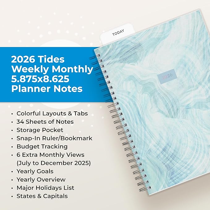 Blue Sky 2026 Weekly and Monthly Planner Calendar, January 2026 - December 2026, 5.875” x 8.625”, Flexible Cover, Storage Pocket, Ruler, Colorful Interior, Includes Extra 30 Sheets of Notes, Tides