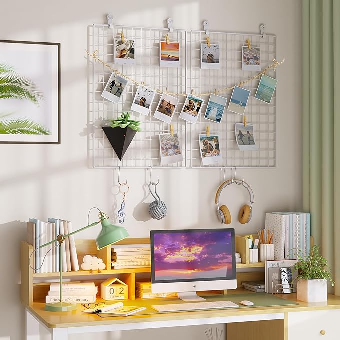 C&AHOME Photo Wall Display Set of 2, Grid Panel with Hooks, Clips, Hemp Cord, Hammer - 17.7" x 25.6", White UWWGM4565W