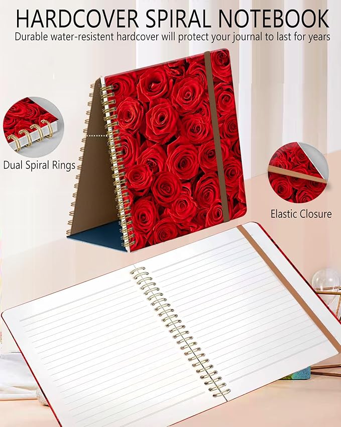Spiral Journal Notebook, A5 Cute Notebooks for Women Men, College Ruled Hardcover Notebook for Work & Note Taking, 60 Pages Double-Wire Journals for Writing, Luxury Red Roses