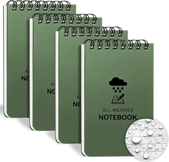 Waterproof Notebook, 4 Pack Top-Spiral Pocket Notepad, 3" x 5" Weatherproof NotePad, Police Pocket Notebook Memo Steno Note Pads for Outdoor Office School Recording, Army Green