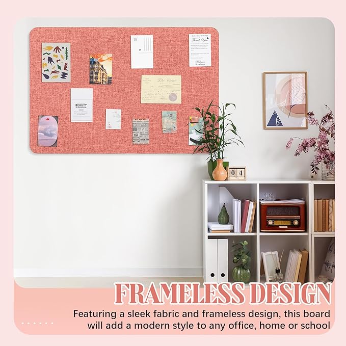 36" x 24 Linen Fabric Bulletin Board Pinboard for Walls Display Frameless Pinboard Display Notice Memory Board for Office Home Walls Kitchen Easy to Install(Coral Red)