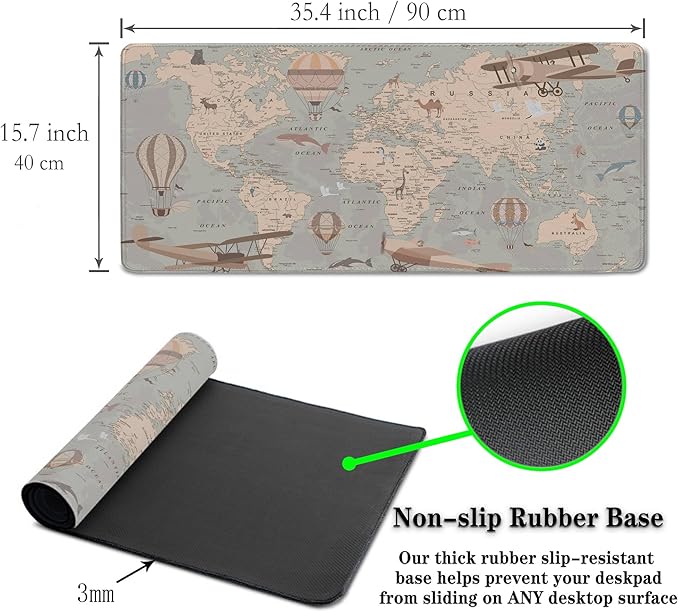 Gaming Mouse Pad Retro World Map, Large Desk Pads Computer Desk Mat, Non-Slip Rubber Base, 35.4 x 15.7 Inch for Work/Game/Office/Home