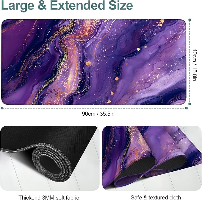 Purple Extended Gaming Mouse Pad 35.4x15.7Inch Large Desk Mat Anti-Slip Rubber Base & Durable Stitched Edges for Gamers Smooth Mouse Writing Surface for Desk Office/Home