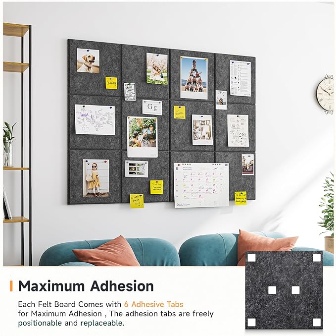 Felt Cork Board for Wall: Extra Large Bulletin Board for Office - 12 PCS Thick Corkboard Tiles Grey Pin Board Squares Adhesive