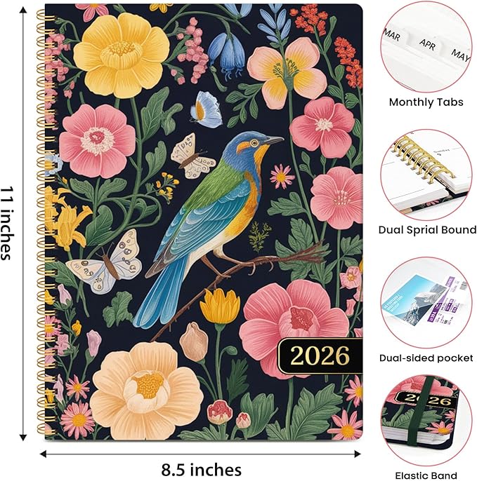 2026 Planner, Weekly and Monthly Calendar Planner Book, January 2026 - December 2026, Hardcover Spiral Planner with Monthly Tabs, Notes Pages, Perfect for Women & Men, A4 (8.5" x 11") - Bird