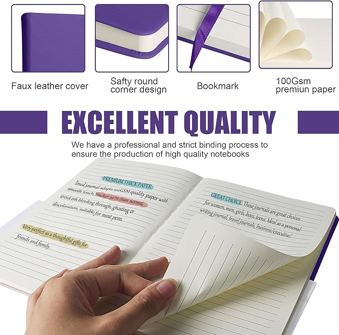 Lined Journal Notebook, 6Pack Hardcover Notebook for Men & Women – Journals for Writing, Work, School, Home & Daily Notes, 160 Pages – Medium A5, 5.7"x8", 100 gsm Thick Paper (Purple)