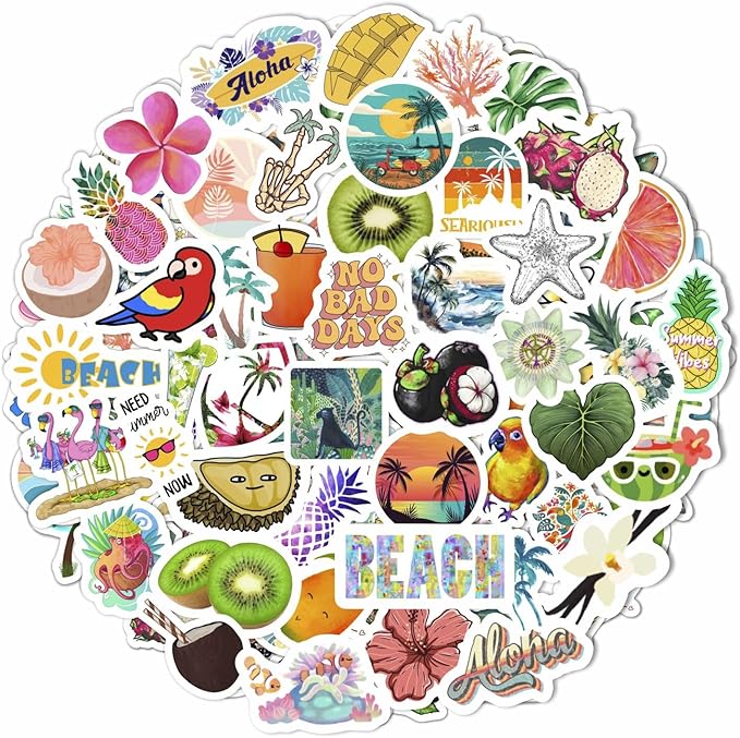 BulbaCraft Tropical Stickers, Beach Stickers for Water Bottle - Tropical Party Supplies & Decorations, Waterproof Vinyl Hawaiian Decals, Gifts for Women & Men