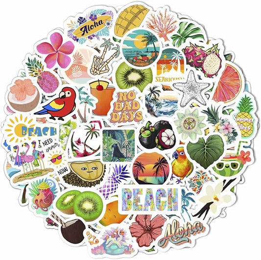 BulbaCraft Tropical Stickers, Beach Stickers for Water Bottle - Tropical Party Supplies & Decorations, Waterproof Vinyl Hawaiian Decals, Gifts for Women & Men