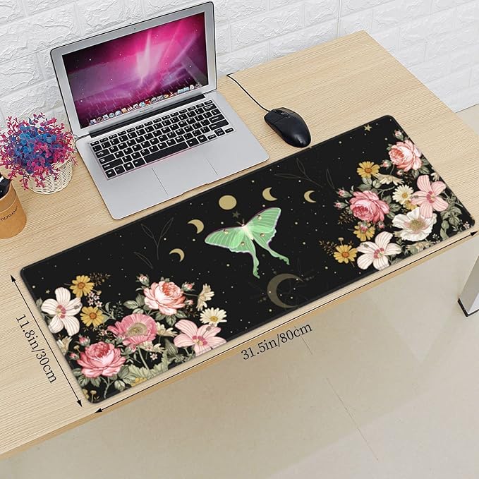 Moon Phase Moth Garden Black XXL XL Large Gaming Mouse Pad for Desk, Non-Slip Long Extended Keyboard Pads Mousepad Rubber Table Mat 31.5 X 11.8 Inch