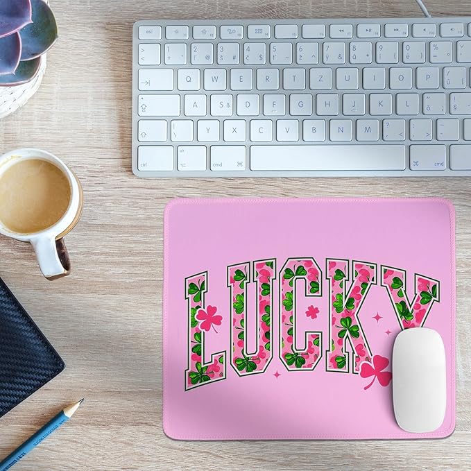 Cute St Patricks Day Mouse Pad,Pink Shamrock Mouse Pad,Shenanigans Lucky Desk Mat, Lucky Clover Pattern Desk Mat for Dorm Home Office Decor,St Patricks Day Gift,10.2x8.3 Inch
