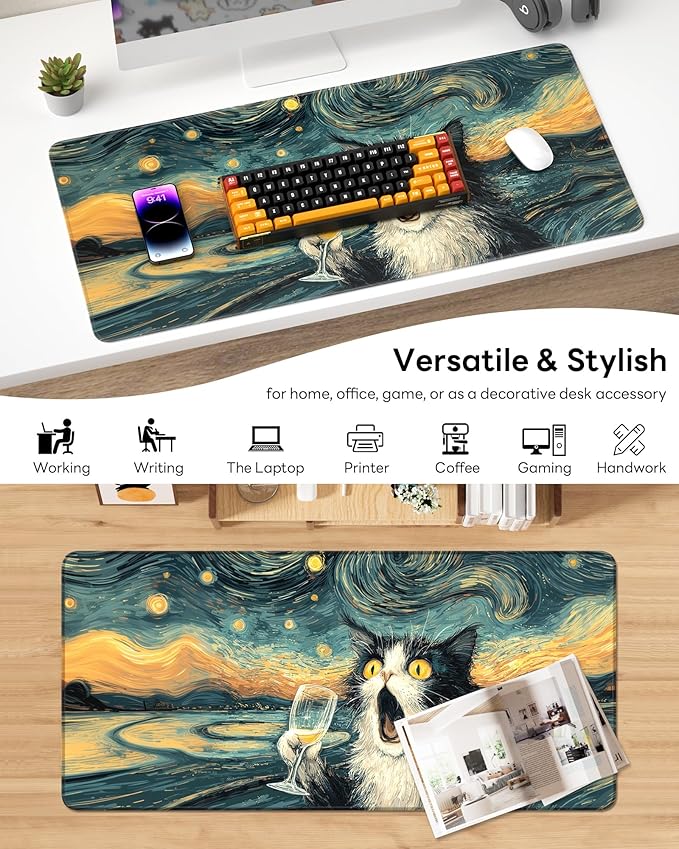 XL Gaming Mouse Pad, 31.5x17.5'' Large Desk Mat with Anti-Slip Rubber Base & Stitched Edges for Gaming, Office, Home - Shocked Cat