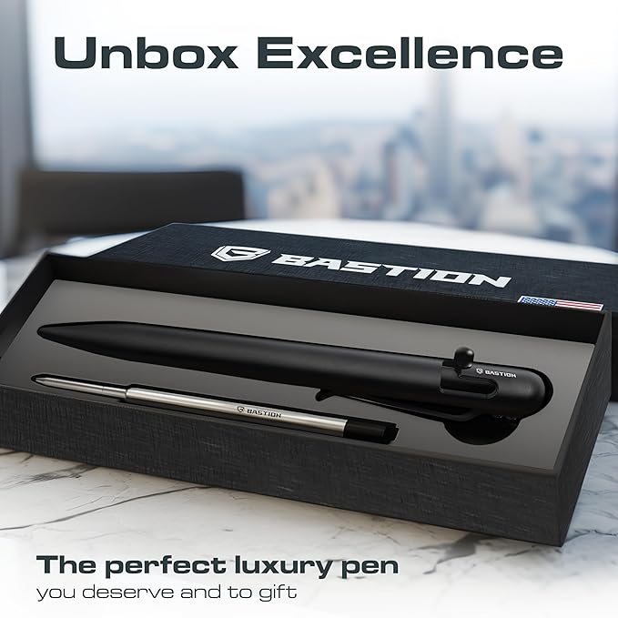 BASTION Stainless Steel Bolt Action Pen - exclusive Hyperbolt & ZeroSeam, CNC Machined EDC Writing Tool, Refillable, Executive Gift Pen - Black