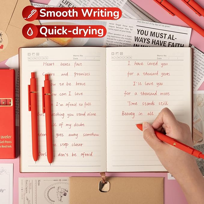 6 Pcs Red Ink Pens for Journaling 0.5mm Fine Point Red Gel Ink Pens, Smooth Writing Quick Dry Pen for Note Taking, Gift Set for Women & Men (6 Pcs Red Gold)