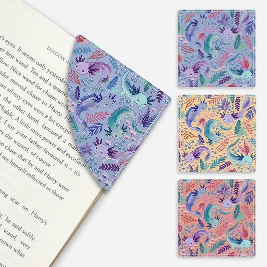 Axolotls Corner Bookmarks, Cute Leather Book Accessories for Book Lovers, 3 Pcs Reading Book Page Markers for Women Men Student Teacher Girls Boys Kids Retirement Birthday Gifts