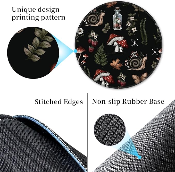 Mushroom Mouse Pad for Desk, Floral Plants Small Cute Mousepad with Non-Slip Base, Round Mouse Pads for Wireless Mouse Laptop Gaming, Computer Mouse Mat for Office Decor Desk Accessories