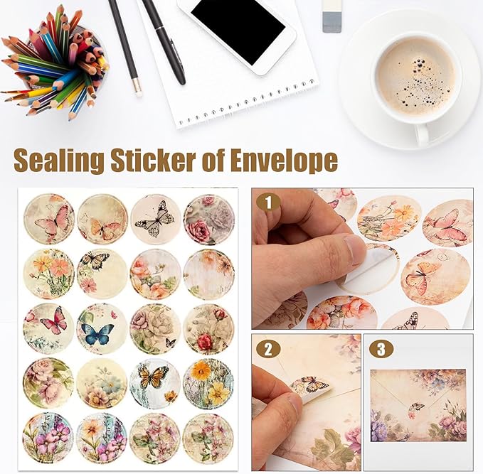 160 Pcs Stationery Paper Set, Nature Vintage Floral Butterfly 50 Stationary Paper 50 Envelopes 60 Round Dot Sticker