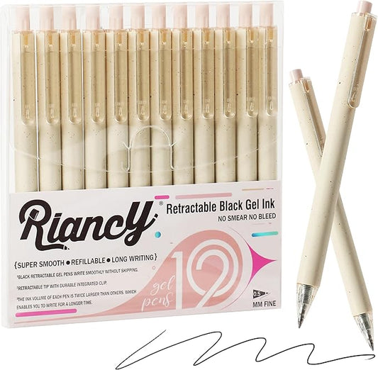 Gel Pens for Note Taking 12PCS RIANCY Black Ink Fine Point Pen Black Gel Pens Quick Dry Ink 0.5mm Smooth Writing Pen for Home Office Art Back to School Supplies (Cream)