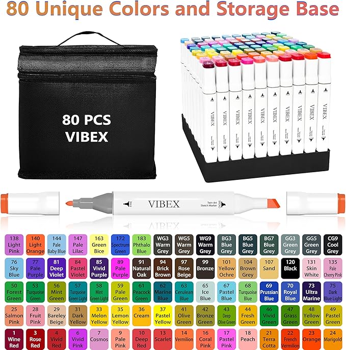 VIBEX 80 Colors Alcohol Markers with Base Dual Tip Drawing Markers for Adult and Kids Comics Coloring Sketching Illustration - Refillable (80 White)