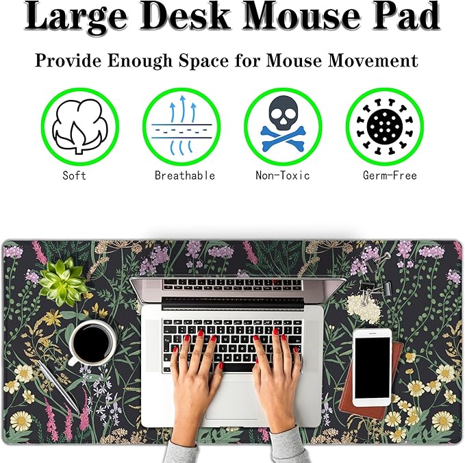 Pc Mouse Pad Black Computer Desk Pad, Large Desk Pads Gaming Desk Mat, Large Mouse Pads Non-Slip Rubber Base Waterproof with Stitched Edges, 35.4" X 15.7" for Work/Game/Office Colorful Flower