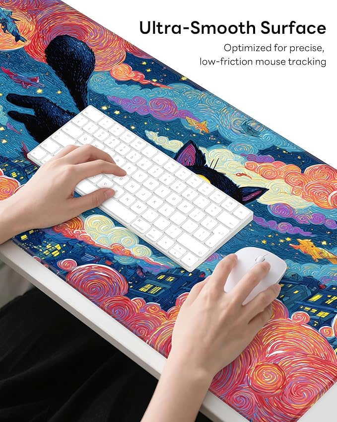 XL Gaming Mouse Pad, 31.5x17.5'' Large Desk Mat with Anti-Slip Rubber Base & Stitched Edges for Gaming, Office, Home - Flying Cat