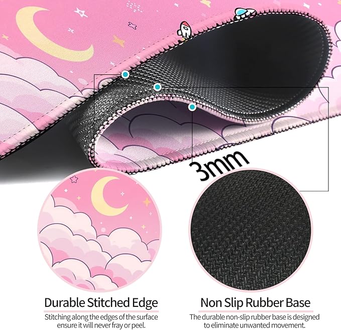 Minimalist Pink Gradient Clouds XL Large Desk Mat, Extended Long Star and Moon Desk Pad for Gaming and Office, Non-Slip Rubber Base, Comfortable Surface Sky Mouse Pad, 31.5x11.8 in