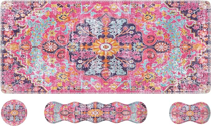 iLeadon Desk Mat Set, Mouse Pad with Wrist Rest + Keyboard Wrist Rest + Large Mouse Pad + Coaster, 4in1 Rug Large Gaming Mouse Pad Set for Home Office, Boho Retro Art