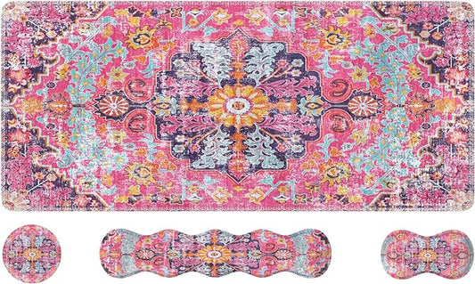 iLeadon Desk Mat Set, Mouse Pad with Wrist Rest + Keyboard Wrist Rest + Large Mouse Pad + Coaster, 4in1 Rug Large Gaming Mouse Pad Set for Home Office, Boho Retro Art