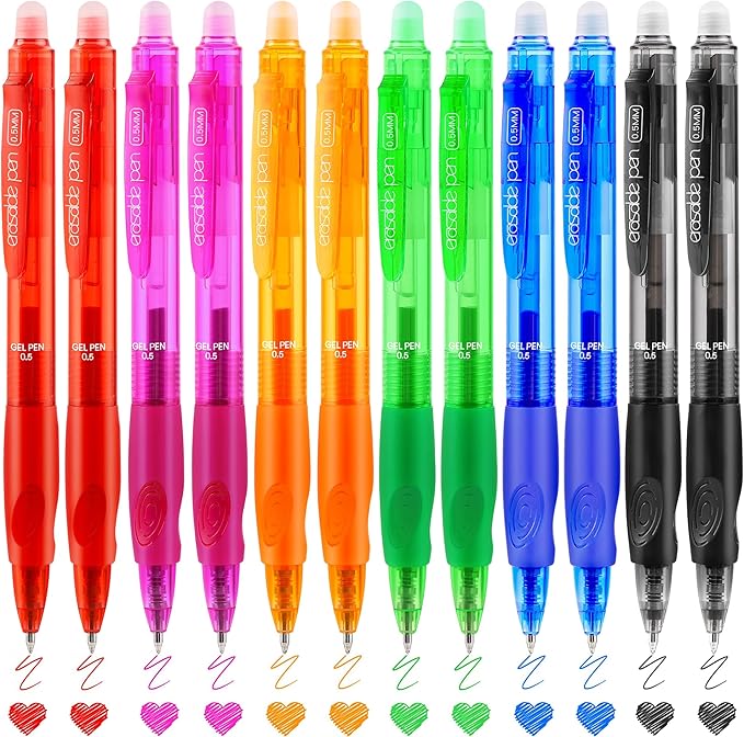 USUAL Retractable Erasable Pens 6 Colored 12 Pack Erasable Gel Pen 0.5mm Erasable Gel Pens Black Make Mistakes Disappear Smooth Writing Pen Office Back-to-School Supplies (12 Pcs-6 Colors)