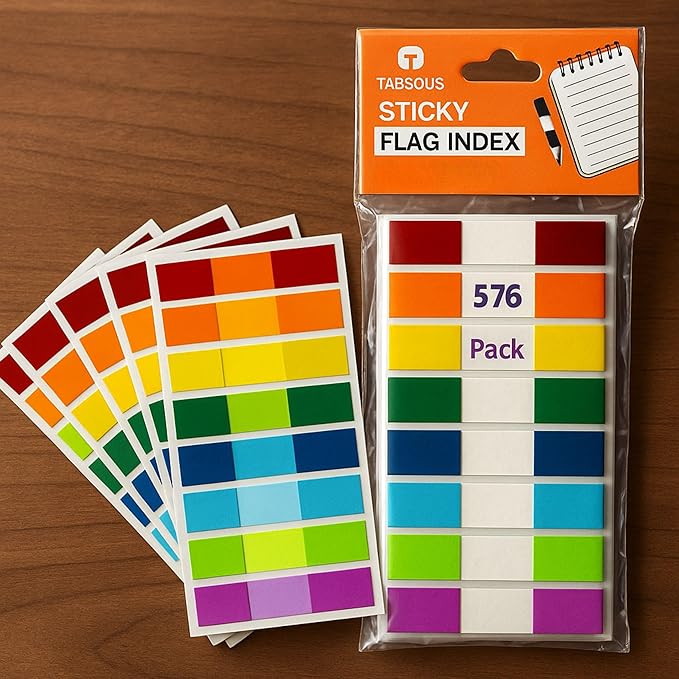 Tabsous 576 Sticky Tabs - Repositionable, Writable Index Tabs & Page Flags for Books, Files, and Notes - Transparent Colored Markers for Organizing, Highlighting, Classifying Documents (08 Colors)