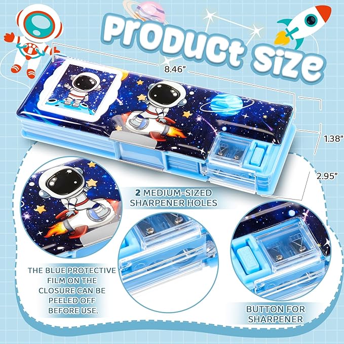 Henoyso Multifunctional Pencil Box for Boys Astronaut Pencil Case with Calculator and Sharpener Cool Cute Pencilcase School Supplies Essentials Christmas Birthday Gift Present for Kids Teens