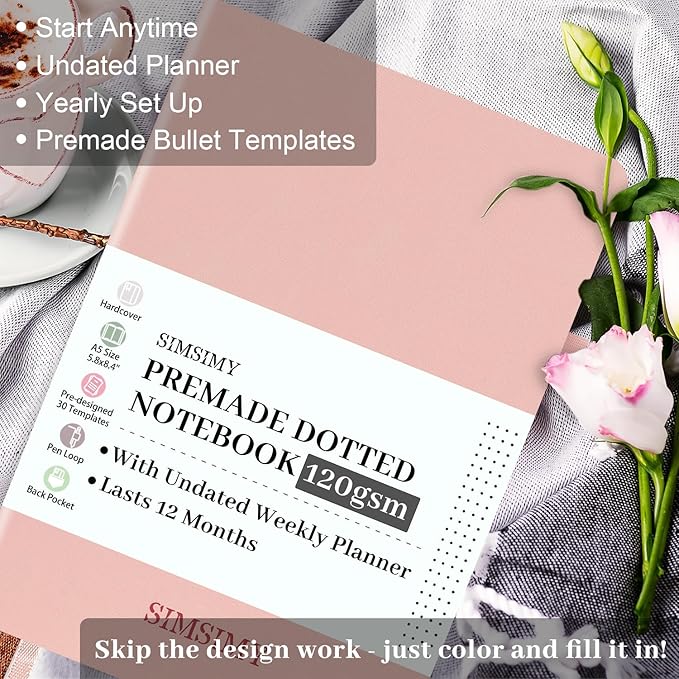 Premade Bullet Dotted Journal Notebook, Pre-made Dot Grid Journaling with Undated Weekly & Monthly Planner, Various Trackers - 12 Month Organization, A5 Hardcover Leather Planner Notebook with