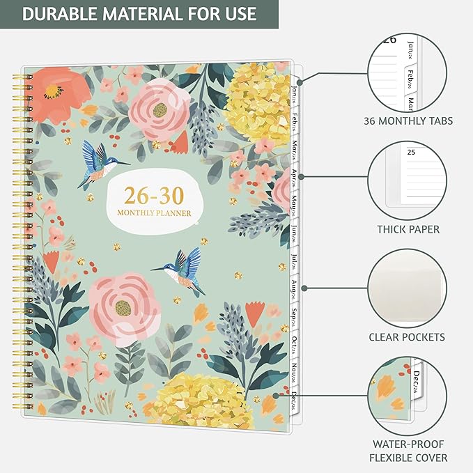 Monthly Planner 2026-2030, 5-Year Calendar Planner 2026-2030, Jan 2026 – Dec 2030, 8.5 x 11 In, Ruled Spread, Flexible Cover, Spiral Wirebound, Pocket, 60 Coated Monthly Tabs, Notes ＆ Habit Tracker, A4 Planner